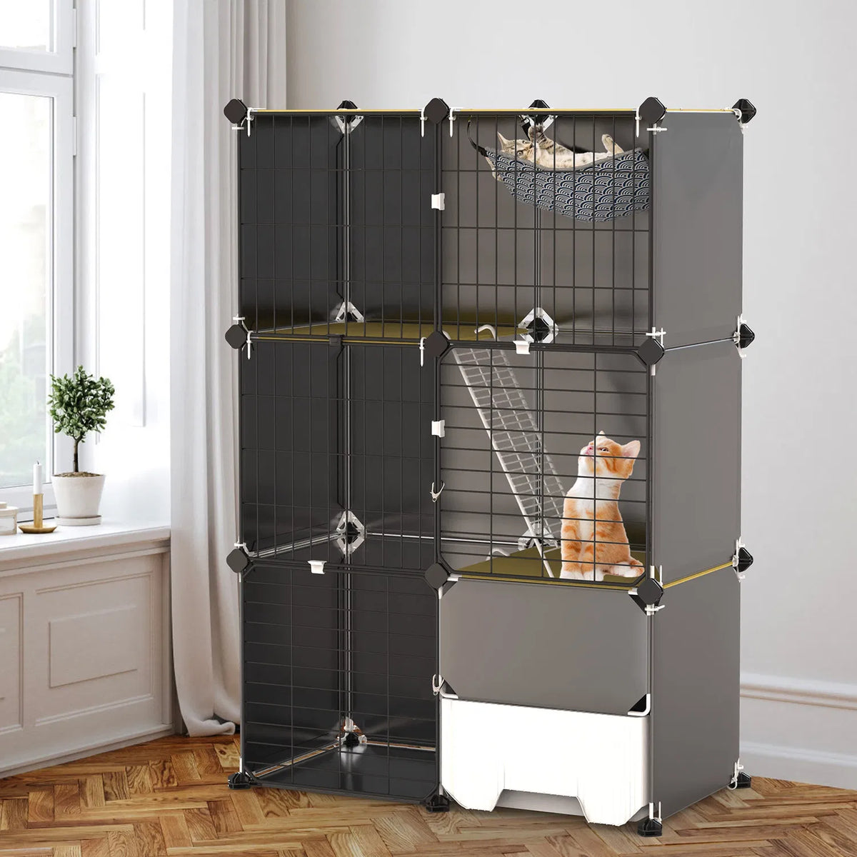 Multi-Level Cat Playpen Cage, 3-Tier Indoor Cat House with Built-in Litter Tray, Litter Scoop, Reversible Hammock for Ki