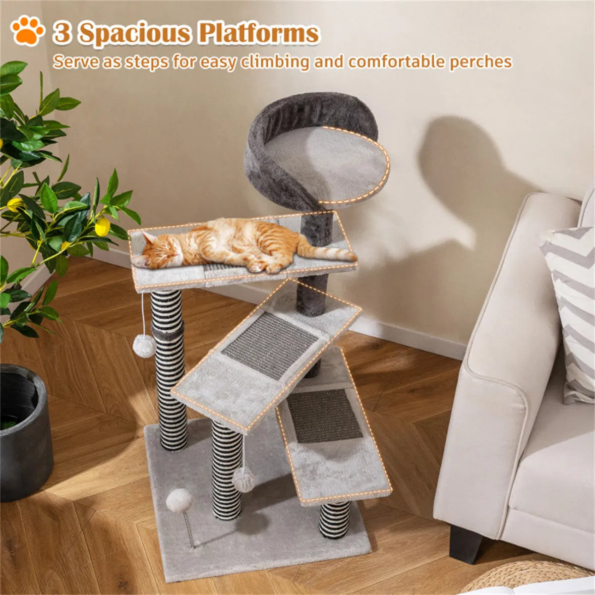 37" tall Cat Stairs with Scratching Mats - 3-Tier Perches, Spring Ball & Dangling Toys for Cats