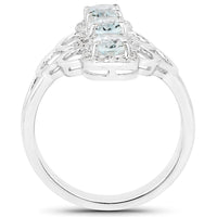 1.54 Carat Genuine Aquamarine and White Zircon .925 Sterling Silver Ring