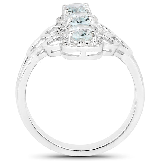 1.54 Carat Genuine Aquamarine and White Zircon .925 Sterling Silver Ring