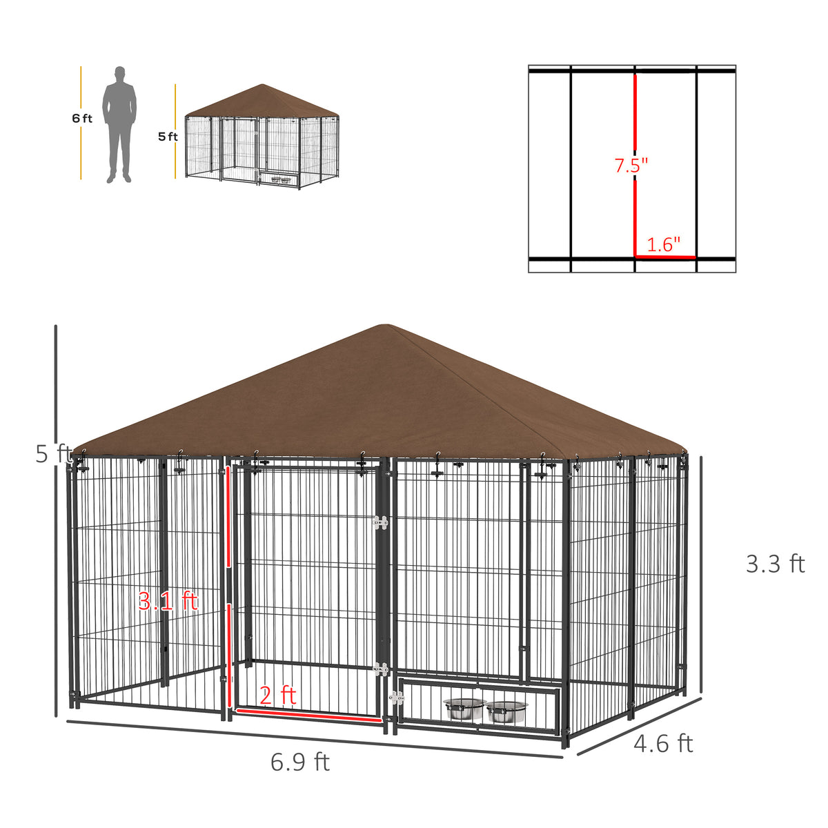 Outside Dog Kennel, 6.9 x 4.6 x 5 Puppy Play Pen with Canopy, Garden Playpen Fence Crate with Rotating Bowl, Black