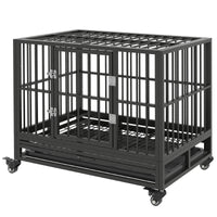 Heavy Duty Dog Crate Metal Cage Kennel With Lockable Wheels, Double Door And Removable Tray, Gray
