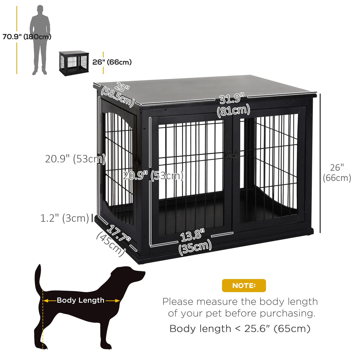 26" Wooden Dog Cage with Double Door Entrance & Simple Modern Design, Black