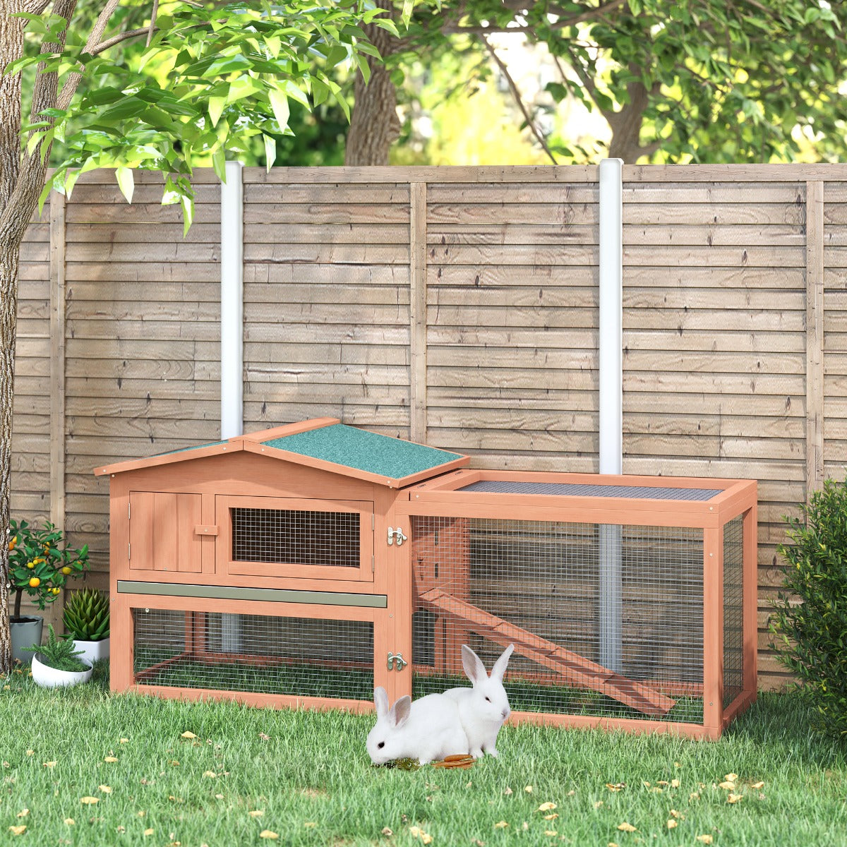 Rabbit Cage Outdoor, 62" Wooden Outdoor Rabbit Hutch, Small Animal Habitat with Detachable Run and Elevated Main House, 