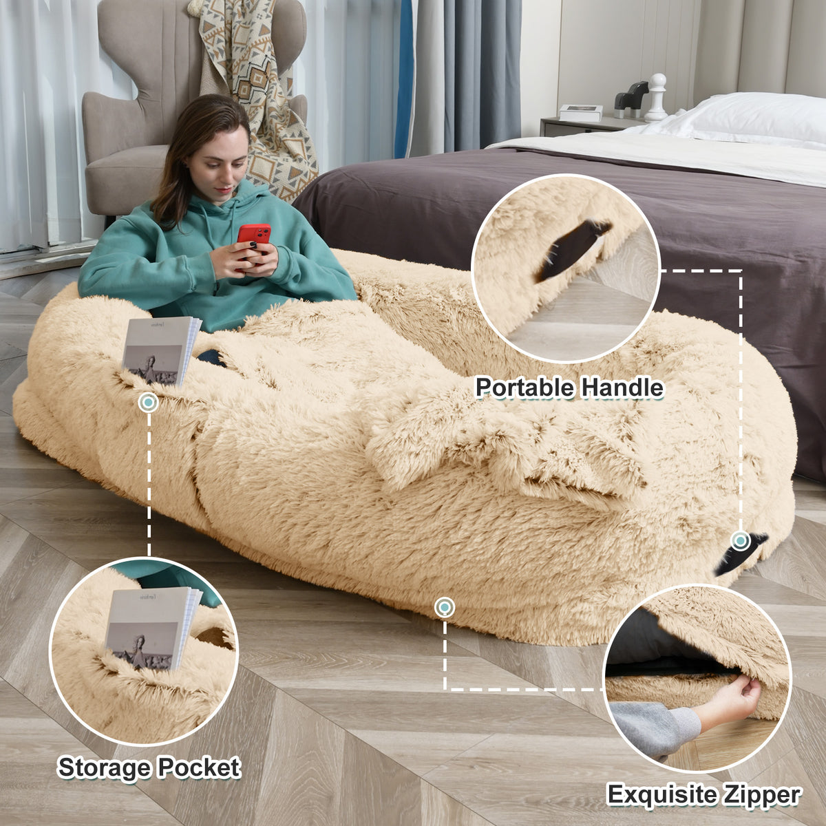 Human Dog Bed - 63 In X 31.4 In X 9.5 In Washable Faux Fur Lounger For Adults & Pets, Cushion With Orthopedic Support, I