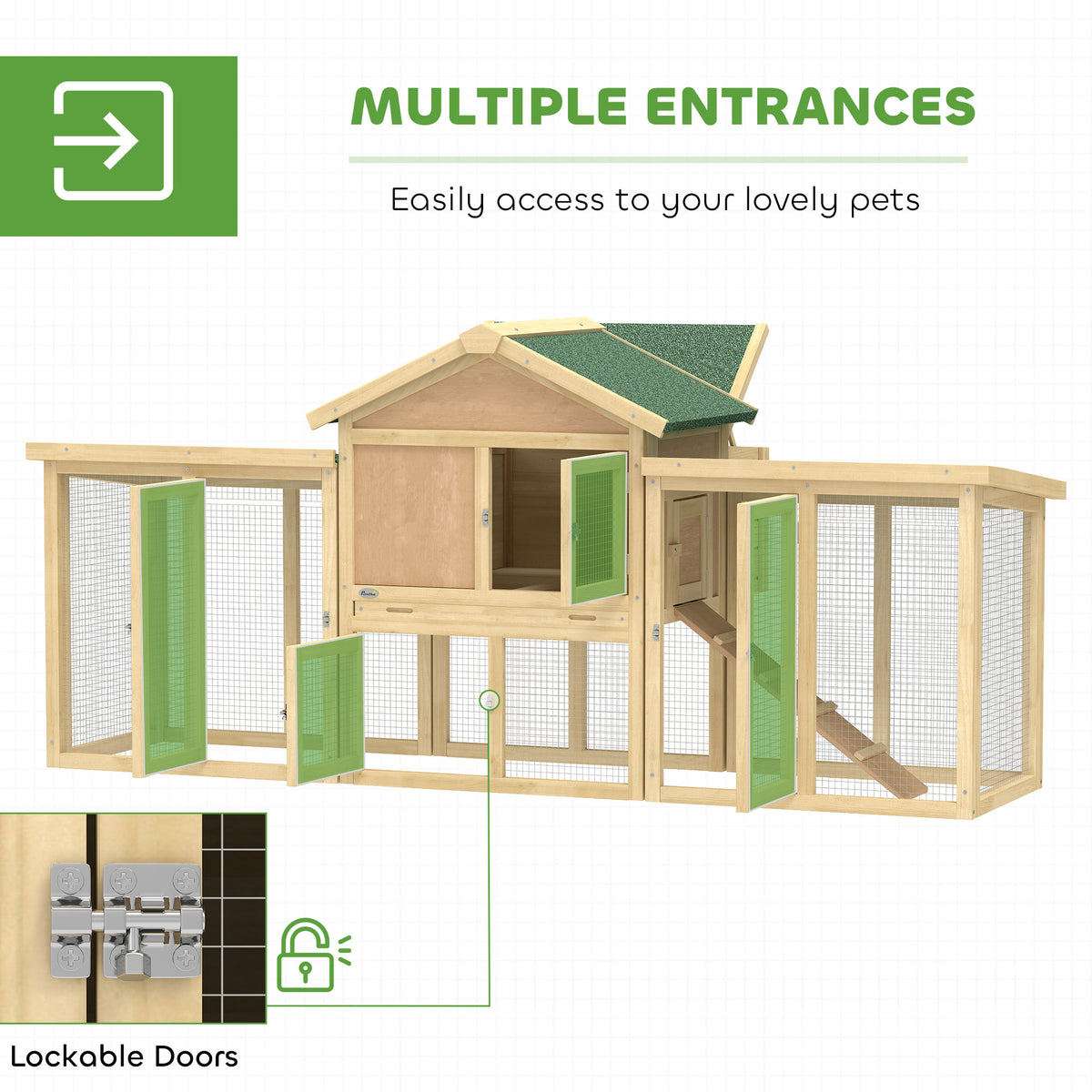 Wooden Chicken Coop ith Nesting Box, Double Runs, Removable Tray, Ramp, for Garden Backyard