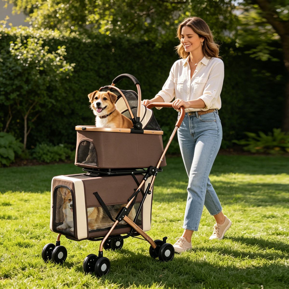 Double Pet Stroller for Dogs and Cats, Foldable Frame, 3-in-1 Convertible Carrier/Tote, Shockproof Wheels, Brake System,