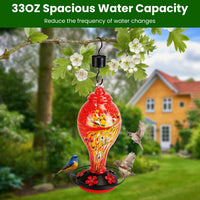 1Pc Glass Hummingbird Feeder 33OZ Hand Blown Hummingbird Feeder With 5 Flower Feeding Port Perch Ant Moat Hanging Hook S