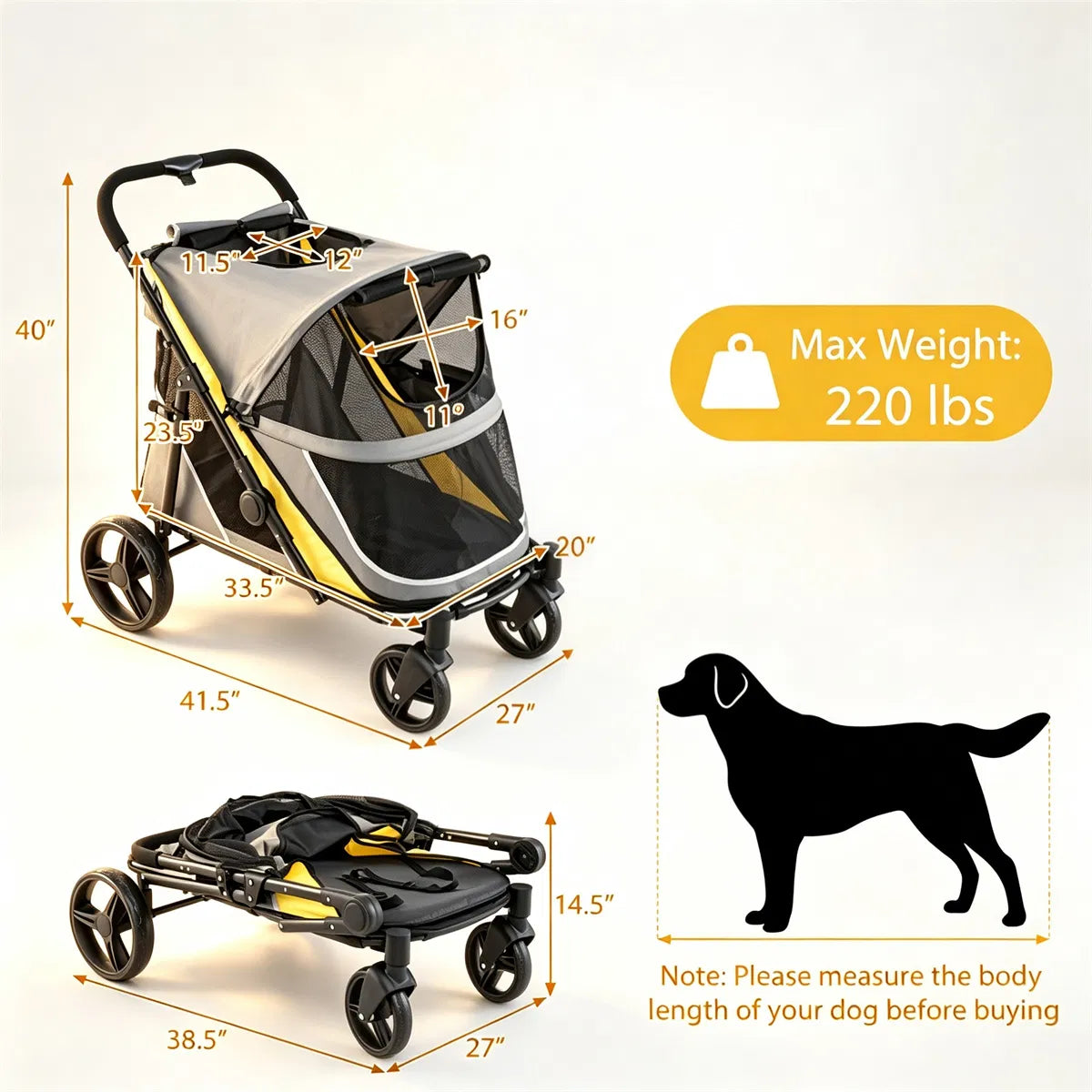 220LBS Large Capacity Dog Stroller, Foldable Pet Stroller with 360 Swivel Shock-Absorbing Wheels, One-Click Brake & Retr