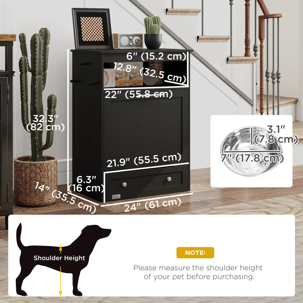 Pet Feeder Station Storage Cabinet, Dog Food Storage Container with Dog Raised Bowls, Watering Supplies, Black
