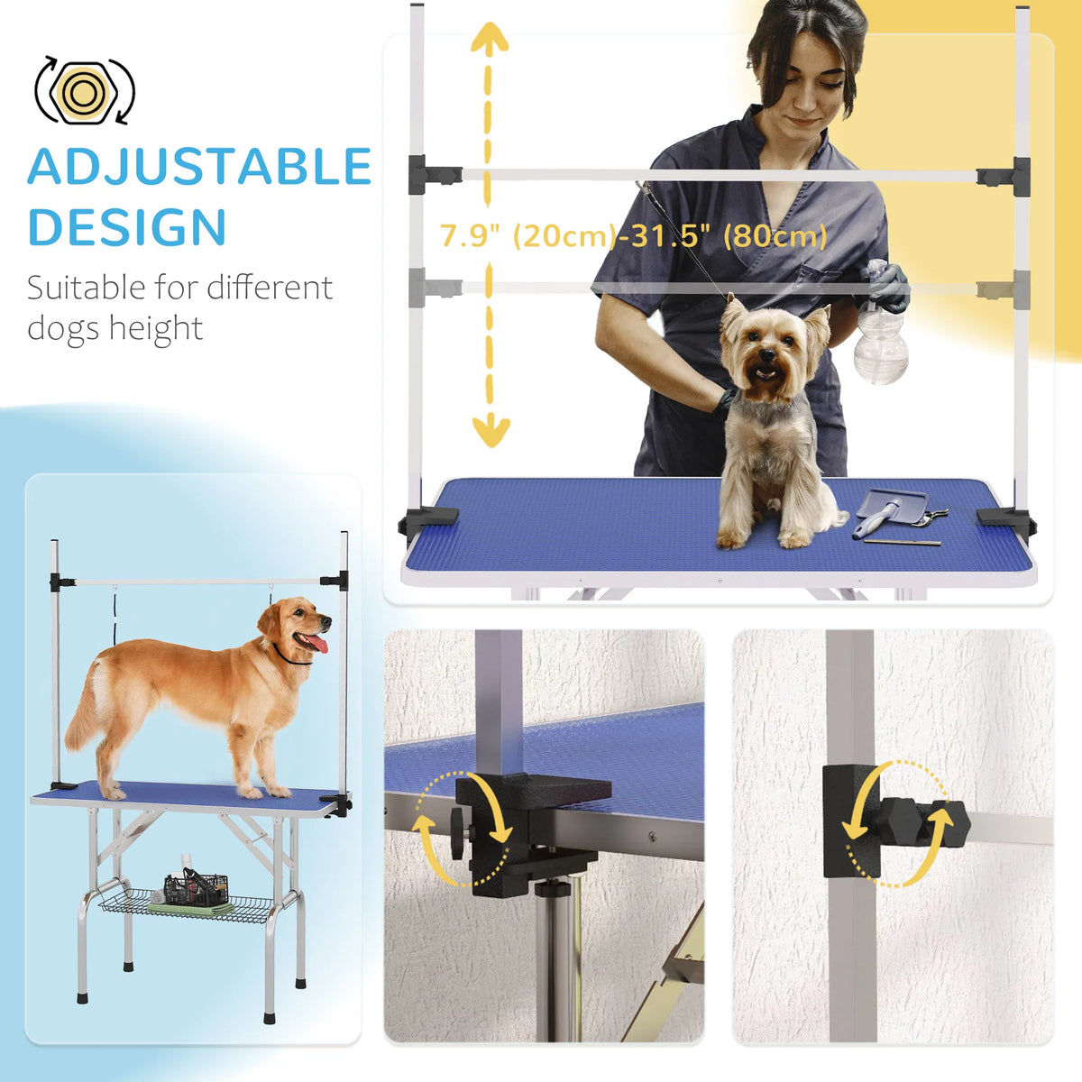Adjustable Dog Grooming Table with 2 Safety Slings, Storage Basket, Blue