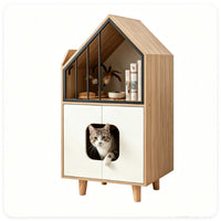 Natural & White Hidden Cat Litter Box Furniture, Elevated Cat Lounge Top Enclosed Cat Washroom Cabinet with Raised Legs 