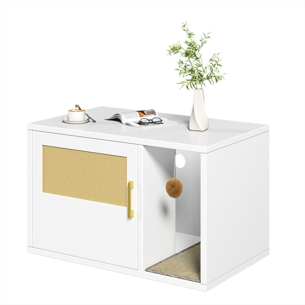 Cat Litter Box Cabinet Multifunctional White Modern Cat House Washroom End Table For Bedroom Living Room