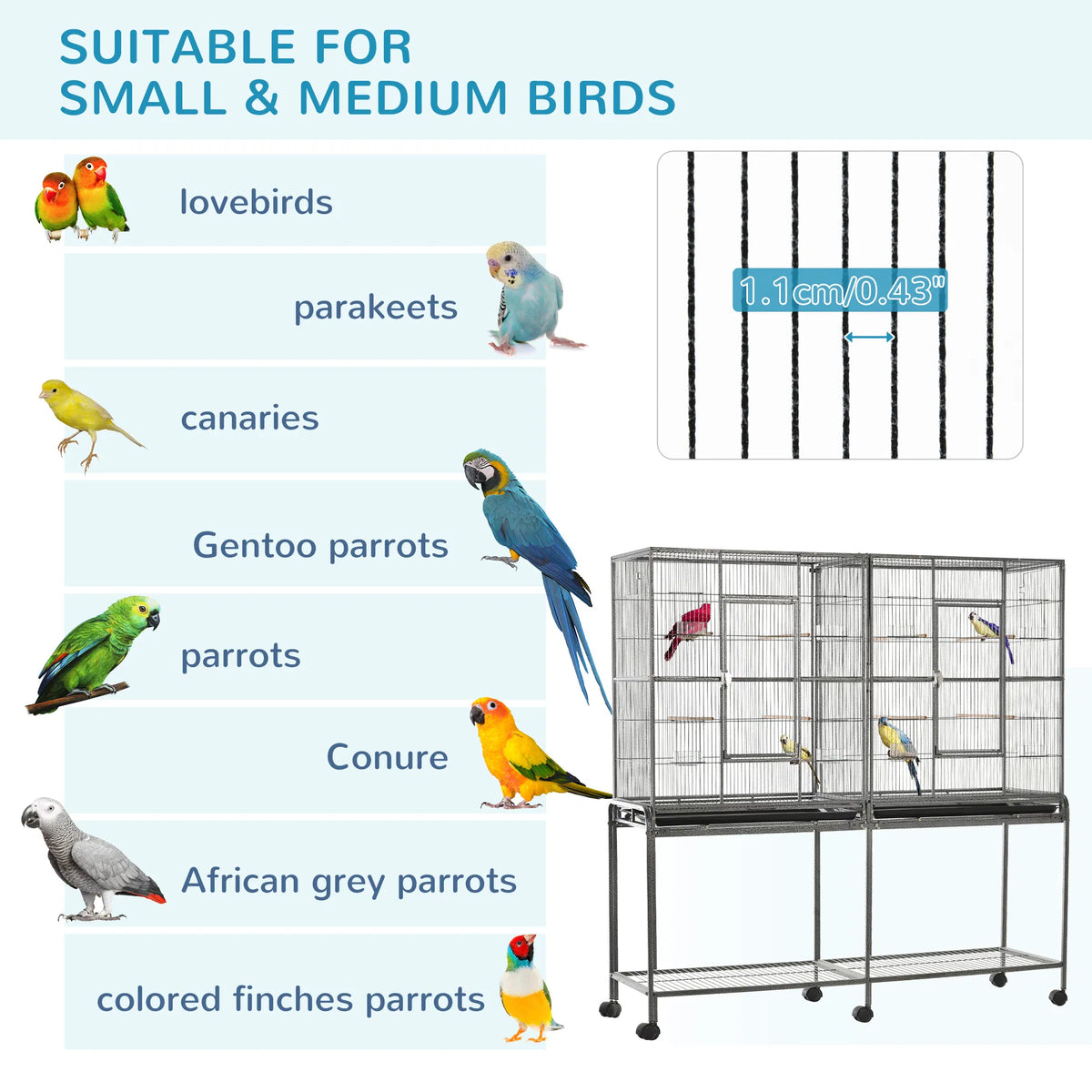 64" Extra Large Bird Cage, Rolling Metal Parrot Cage, Bird House with Detachable Rolling Stand, Storage Shelf, Wood Perc