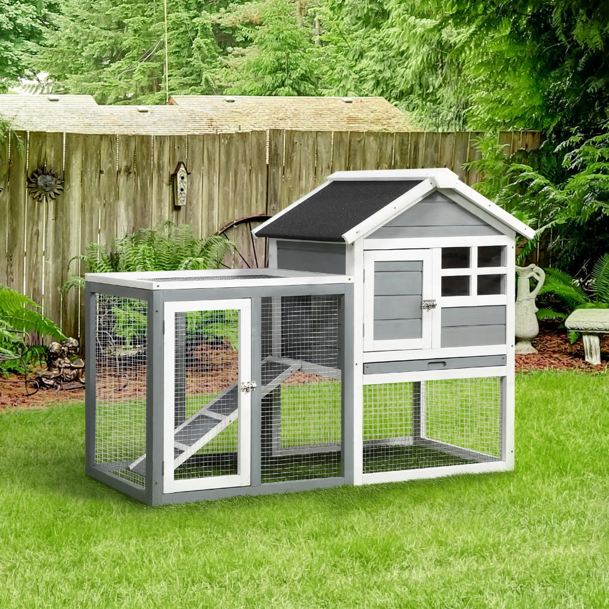 Indoor Rabbit Enclosure, 48" Weatherproof Wooden Rabbit Hutch, with Slanted Asphalt Roof & Fun Outdoor Run for Bunnies &