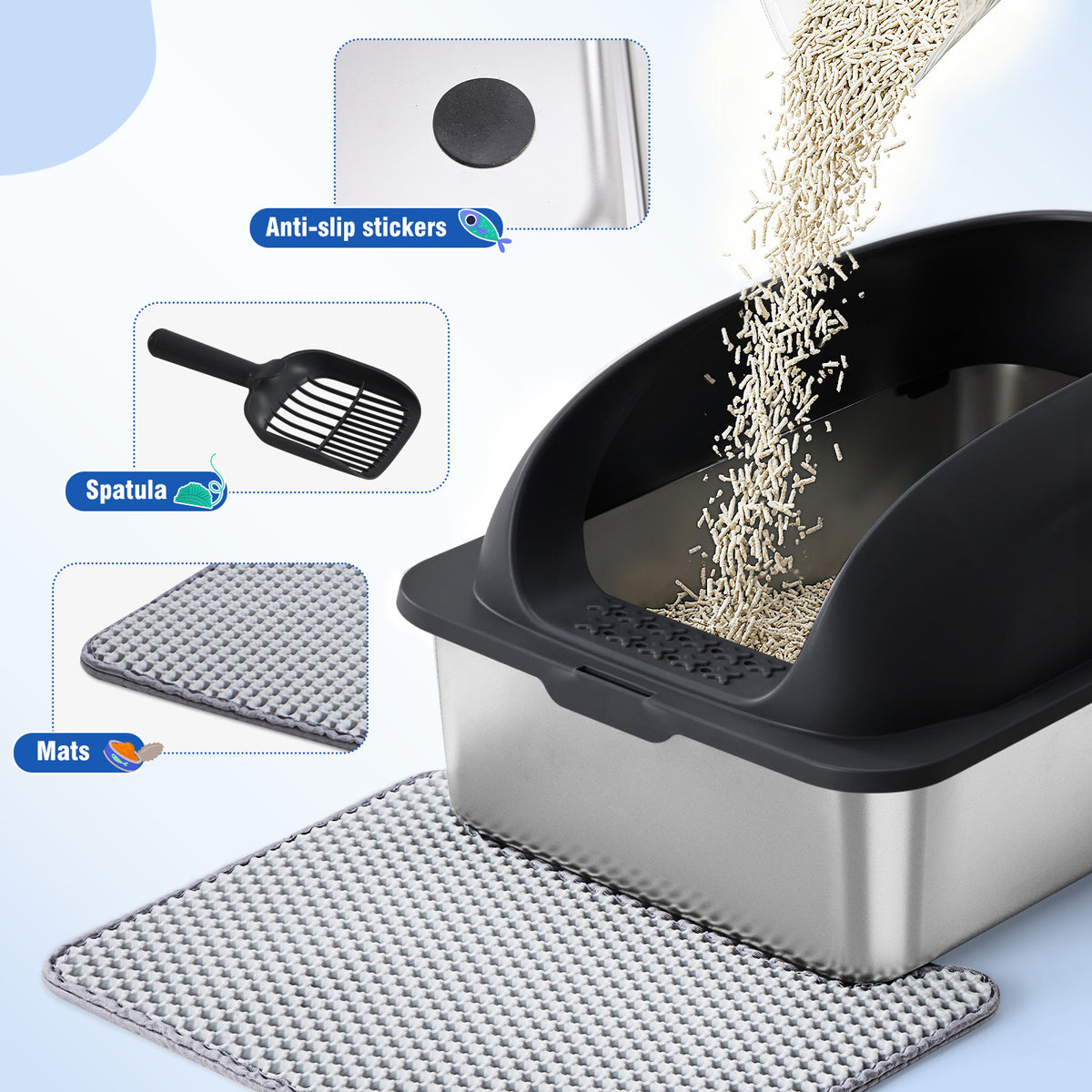 Stainless Steel Cat Litter Box With Lid, Large Cat Litter Box For Big Cats, Scoop And Mat Included