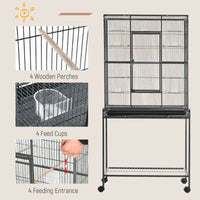 Rolling Metal Bird Cage Feeder With Detachable Rolling Stand, Storage Shelf, Wood Perch & Food Container