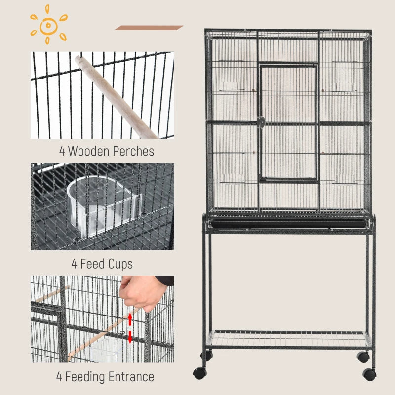 Rolling Metal Bird Cage Feeder With Detachable Rolling Stand, Storage Shelf, Wood Perch & Food Container