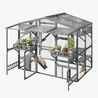 Large Outdoor Catio for 6-10 Cats, Pine Wood Cat Cage Outdoor with Weatherproof Roof, 6 Platforms, Climbing Ramp, 1 Rest