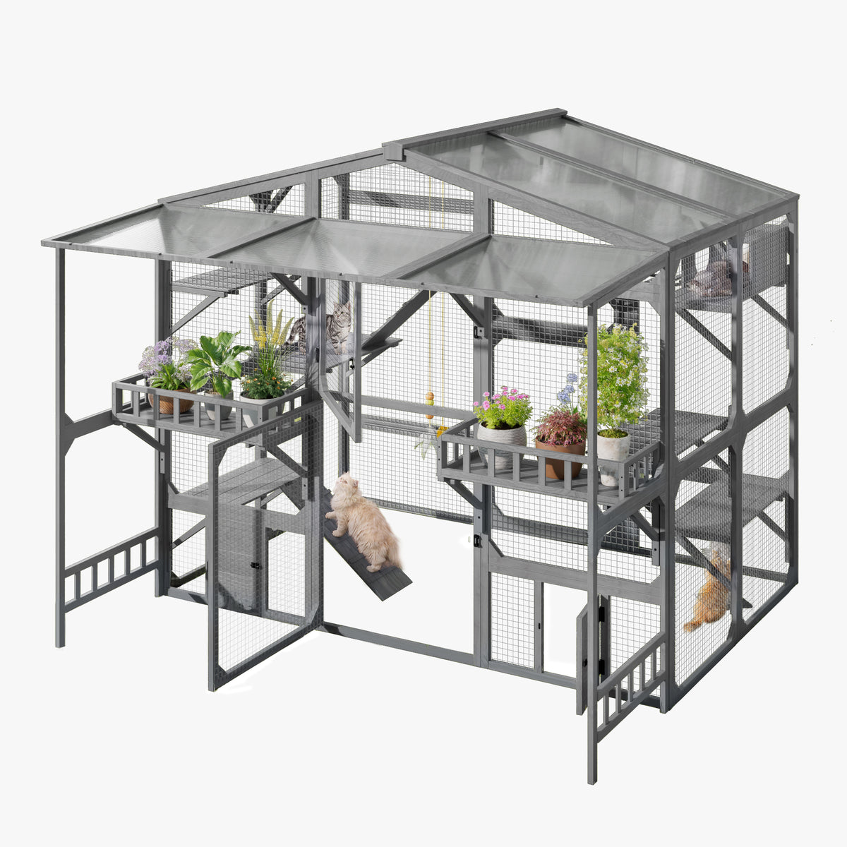 Large Outdoor Catio for 6-10 Cats, Pine Wood Cat Cage Outdoor with Weatherproof Roof, 6 Platforms, Climbing Ramp, 1 Rest