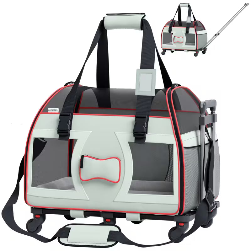 Soft-Sided Pet Travel Carrier with 6 Wheels & Double Telescopic Handle – Airline Approved for Small Dogs & Cats, Gray/Black