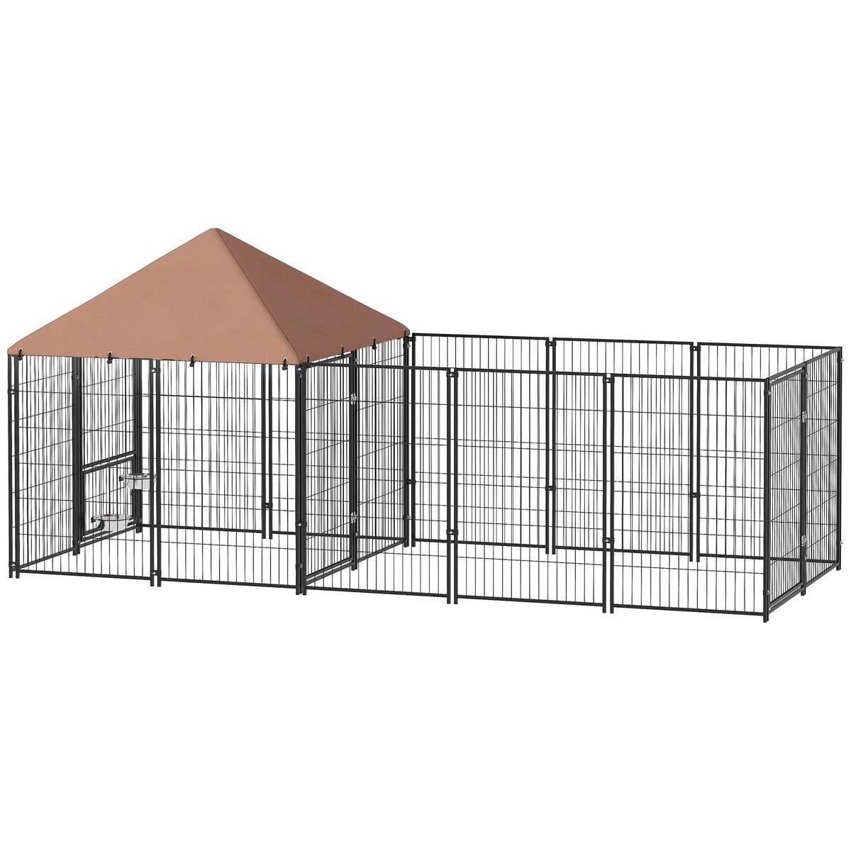Outdoor Dog Kennel with Rotating and Adjustable Height Bowls, Waterproof UV-Resistant Cover, 11.3' x 4.7' x 5.1'