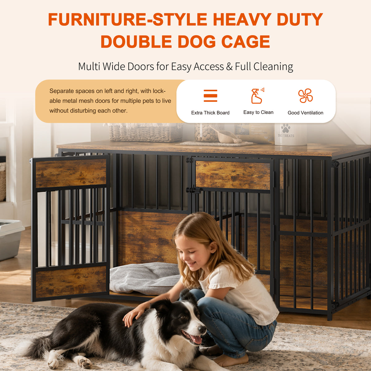 Wooden Dog Crate Furniture, Large Dog Kennel with Storage Top, Indoor Pet Cage