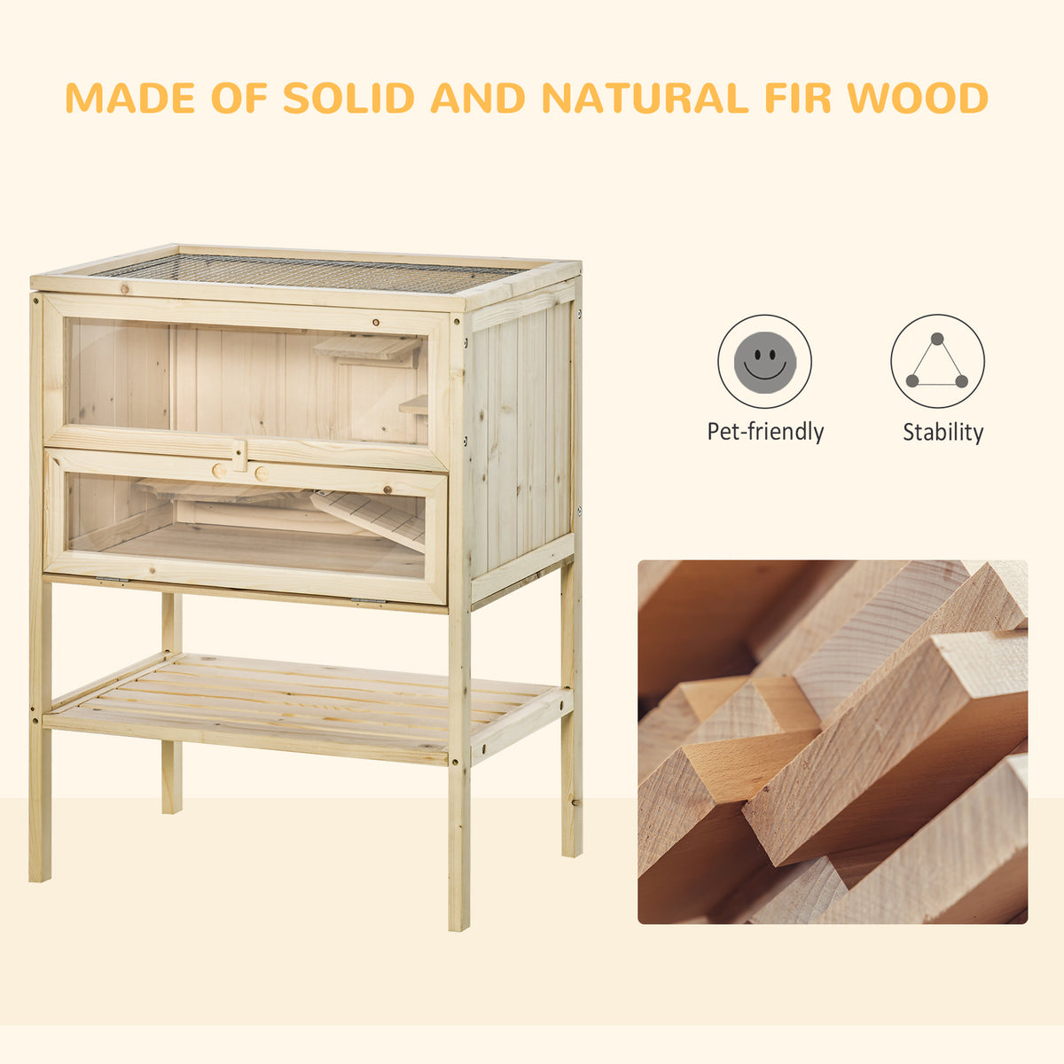 3-Tier Wooden Hamster Cage Mice and Rat Cage Small Animals Hutch with Openable Top, Front Door, Shelf, Natural Wood