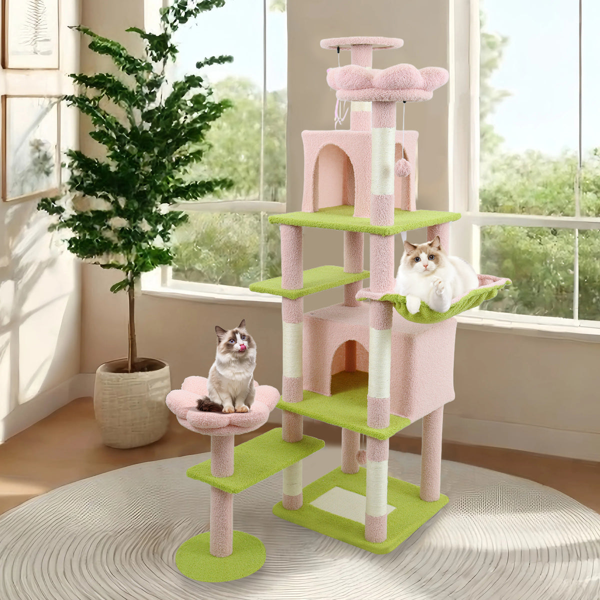 71 inch flower cat tree with large condo removable flower cushion and hammock pink