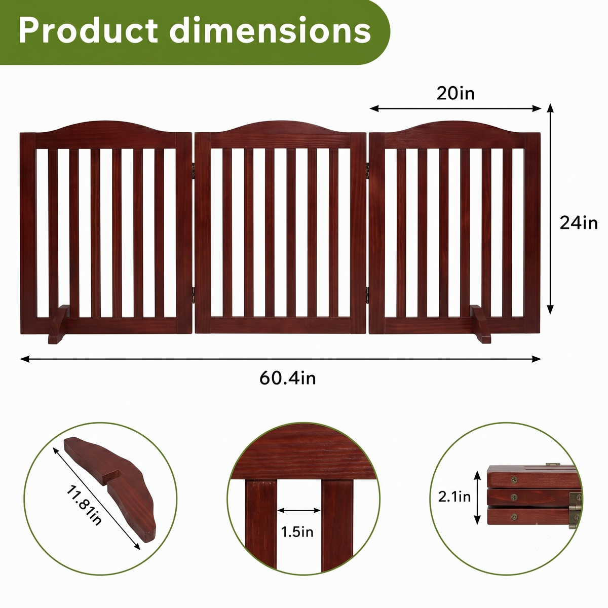 Wooden Freestanding Foldable Pet Gate for Dogs, 24 inch 3 Panels Step Over Fence, Dog Gate for The House, Doorway