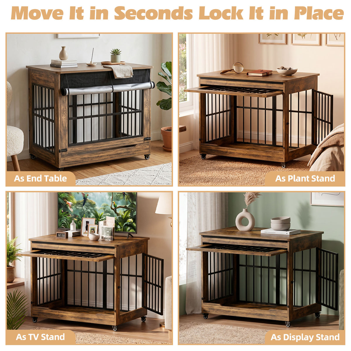 46in Large Dog Crate Furniture, Double Door Wooden Indoor Dog Kennel Furniture, Decorative Pet Cage End Table With Wheel