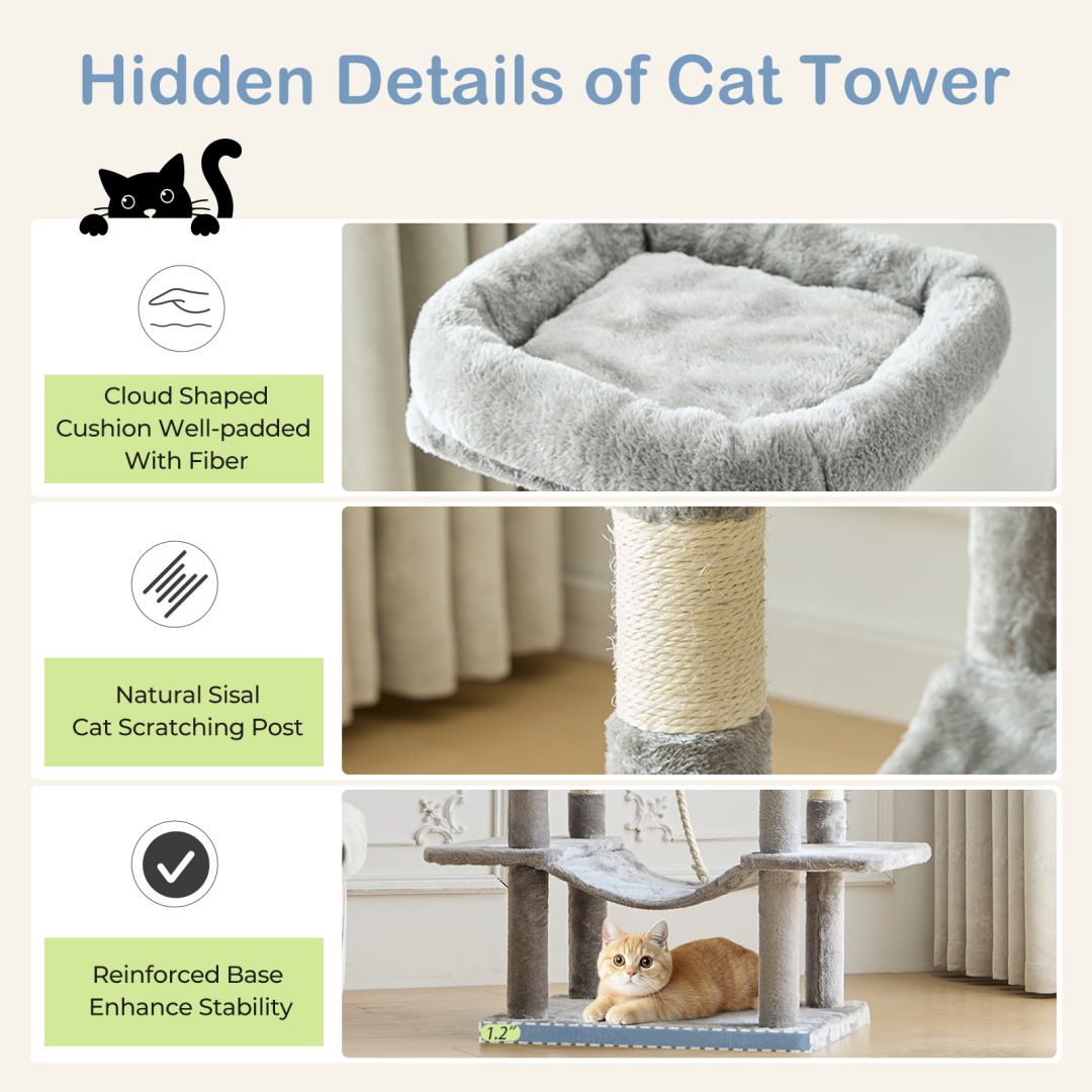 66 Inch Cat Tree Tower, Large Multi-Cat Climbing Extended Platform, Hammock, Pet House For Indoor Cats And Kittens Play