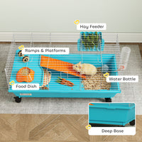 35"L Small Animal Cage, Rolling Bunny Cage, Guinea Pig Cage with Wheels, Food Dish, Water Bottle, Hay Feeder, Blue