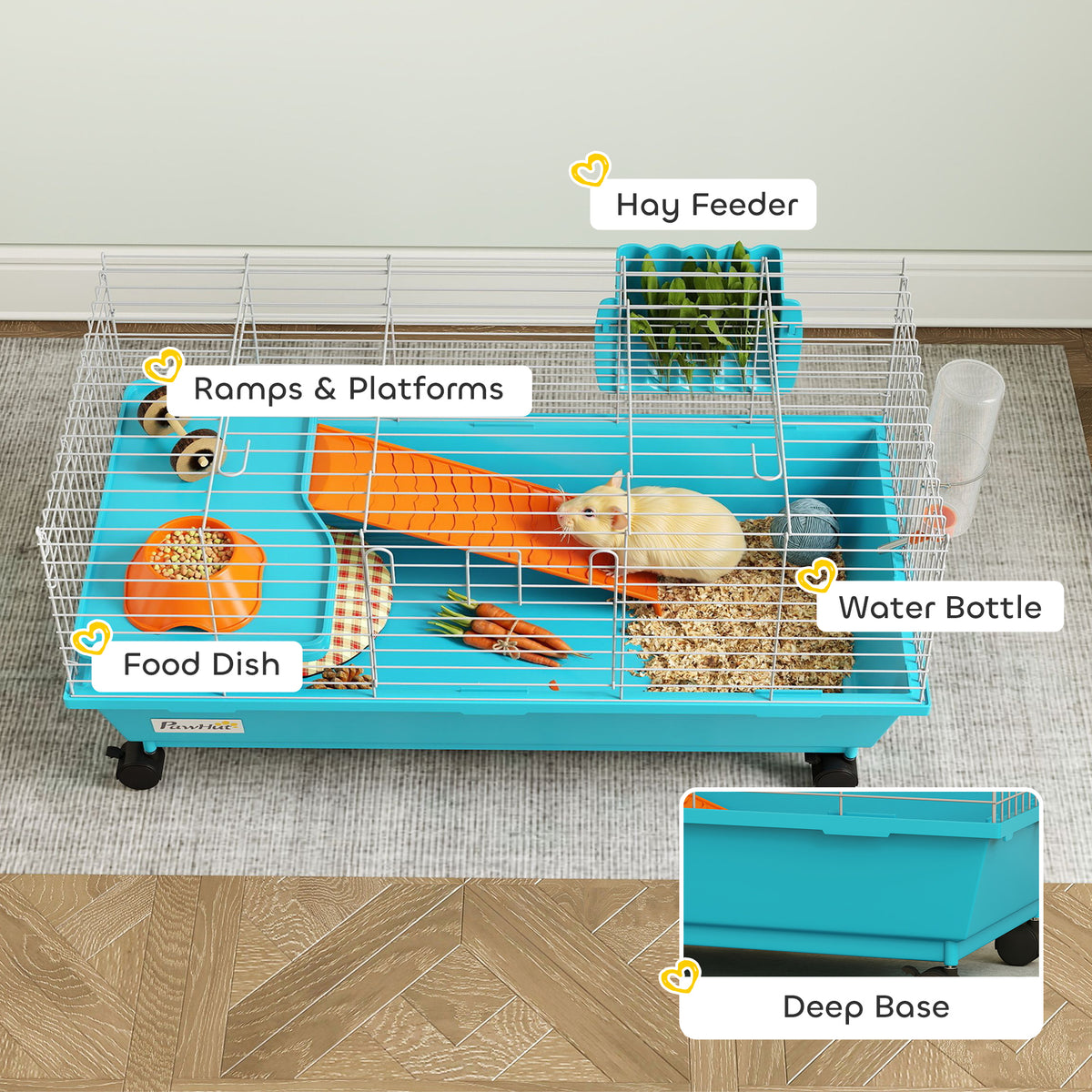 35"L Small Animal Cage, Rolling Bunny Cage, Guinea Pig Cage with Wheels, Food Dish, Water Bottle, Hay Feeder, Blue