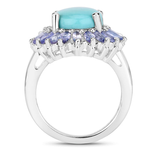 6.10 Carat Genuine Larimar and Tanzanite .925 Sterling Silver Ring