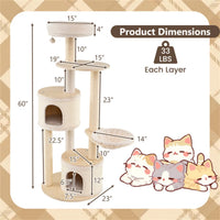 60 Inch Tall Wooden Cat Tree Multi-Level Cat Tower with Sisal Scratching Posts & Condos for Indoor Cats, Natural