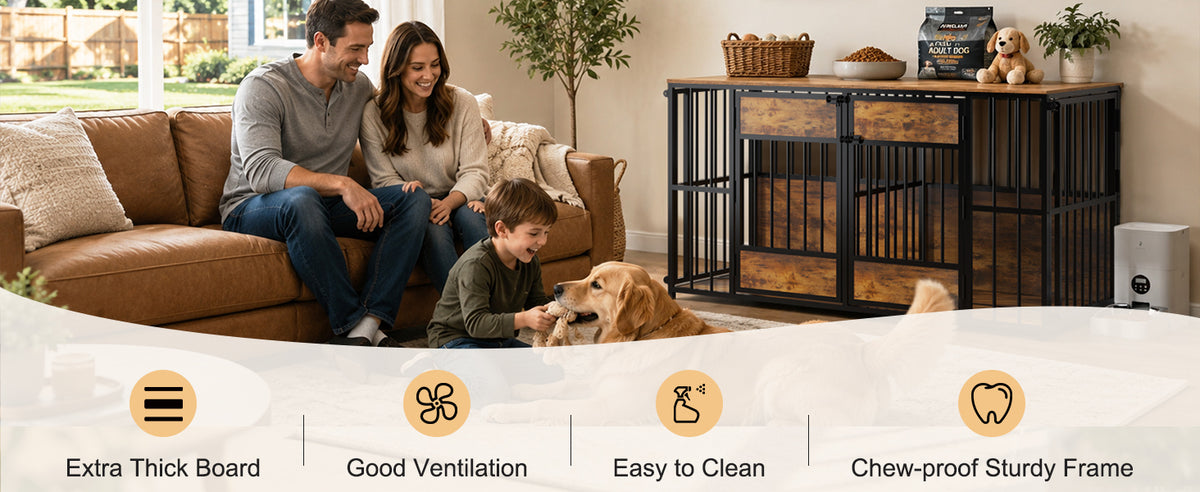 Wooden Dog Crate Furniture, Large Dog Kennel with Storage Top, Indoor Pet Cage