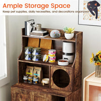 Wooden Hidden Cat Litter Box Enclosure with Storage Shelves Anti-Toppling Design Industrial Style Brown