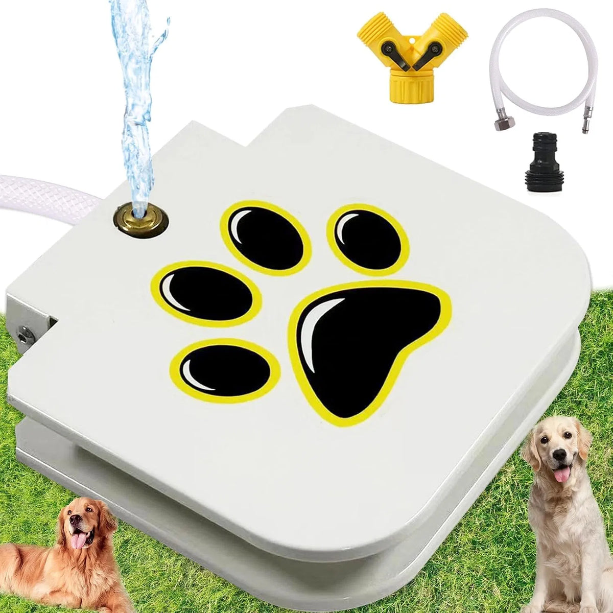 Step Activated Dog Water Dispenser, Outdoor Pet Drinking Fountain with 2-Way Water Splitter, Iron Build for Backyard Gar