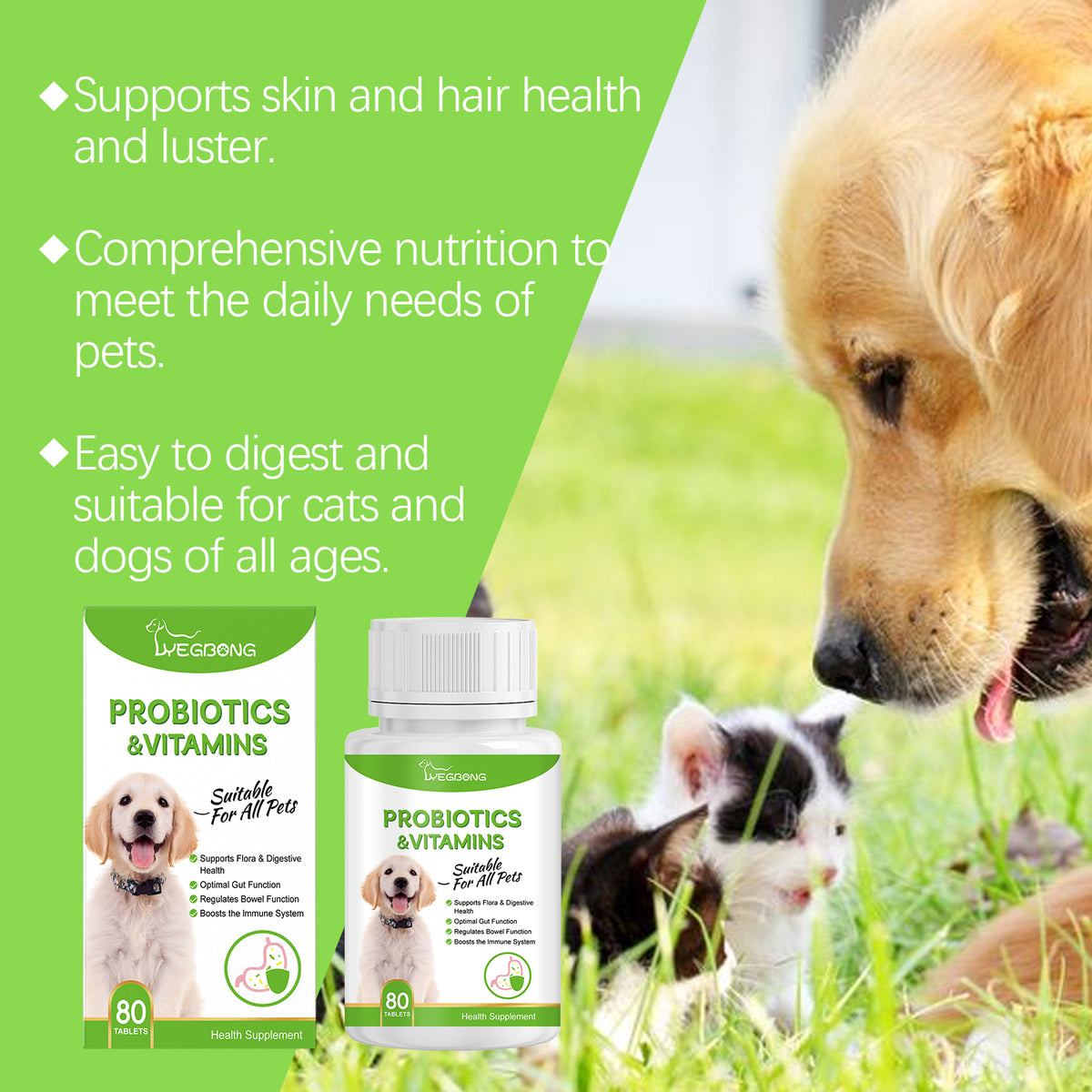 Pet Probiotics & Vitamin Tablets For Dogs & Cats, Gut Health Supplement, Support Digestion & Immune System, 80 Chewable 