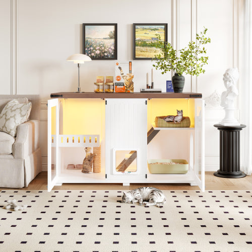 47.25 Large Cat Litter Box Enclosure With LED Light, Hidden Litter Box Furniture, Cat House With Stairs And Cat Scratchi