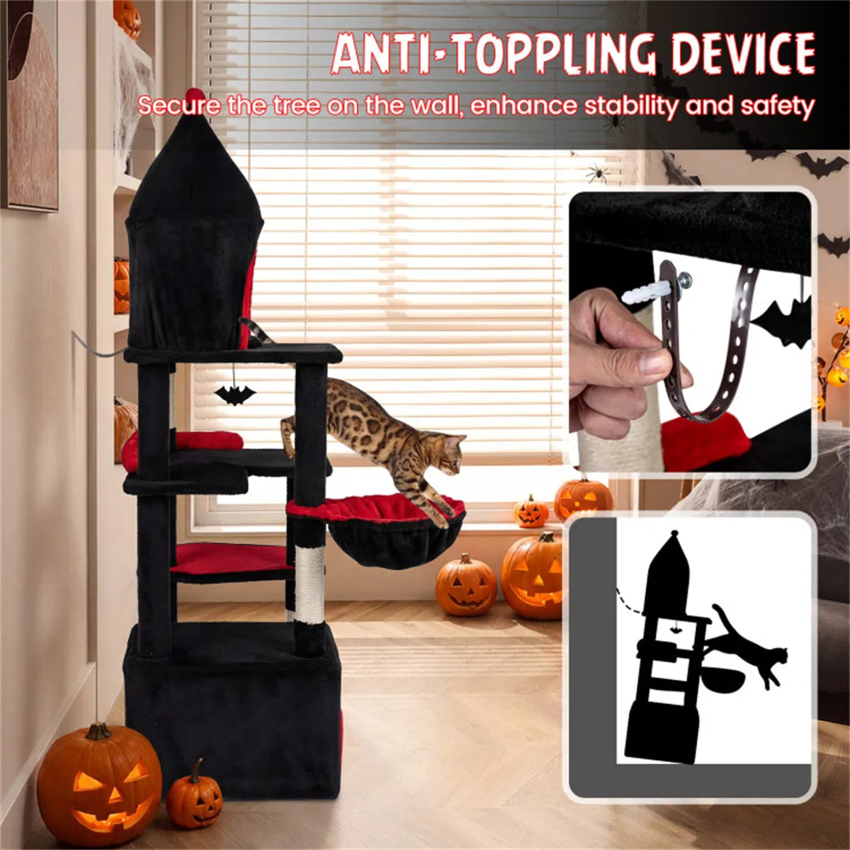 Gothic 5-Level Cat Tree 63" Tall with Sisal Scratching Posts Black Red Cat Tower