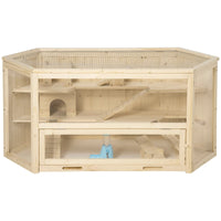 Wooden Large Hamster Cage Small Animal Exercise Play House 3 Tier With Tray, Seesaws, Water Bottle, Activity Center, Nat
