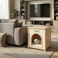 Modern Indoor Wooden Dog House with Removable Cushion – Solid Cedar Pet House for Small Dogs & Cats, Furniture-Grade Sca