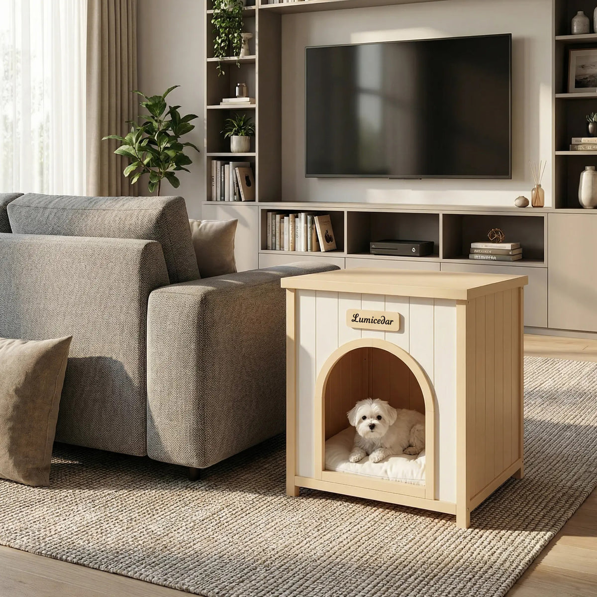 Modern Indoor Wooden Dog House with Removable Cushion – Solid Cedar Pet House for Small Dogs & Cats, Furniture-Grade Sca