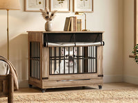 38in Dog Crate Furniture, Double Door Wooden Indoor Dog Kennel Furniture, Decorative Pet Cage End Table With Wheels For 
