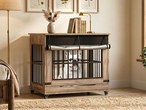 38in Dog Crate Furniture, Double Door Wooden Indoor Dog Kennel Furniture, Decorative Pet Cage End Table With Wheels For 