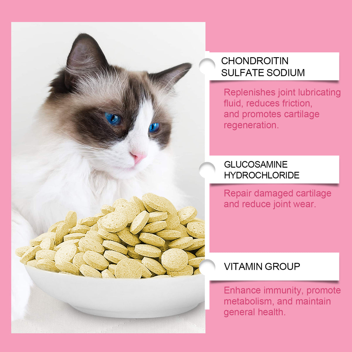 Cat Joint Health Support Tablets, Glucosamine Joint Supplement For All Breeds & Sizes Cats, 80 Count Joint Care Chewable