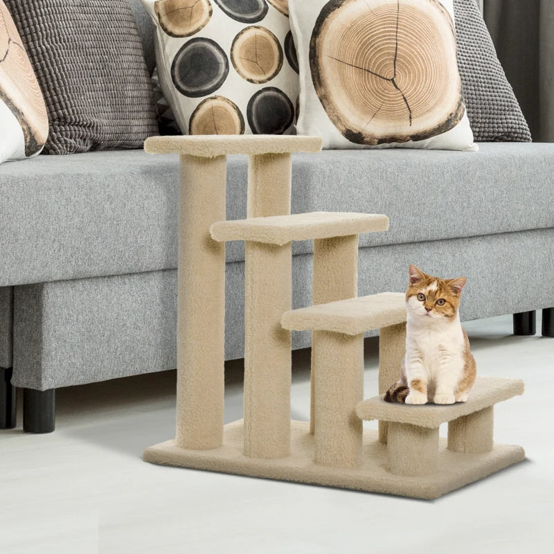 4-Step Multi-Level Carpeted Cat Scratching Post Pet Stairs, Cream White