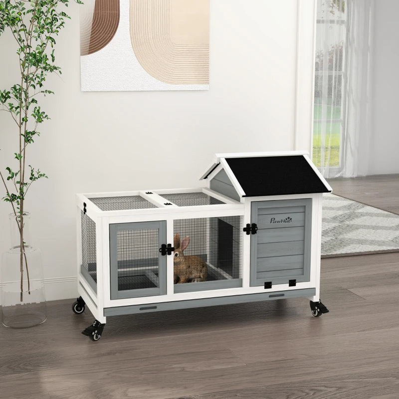 Wooden Rabbit Hutch With Wheels, Run, Slide-out Tray For Small Animals, Guinea Pig, Blue